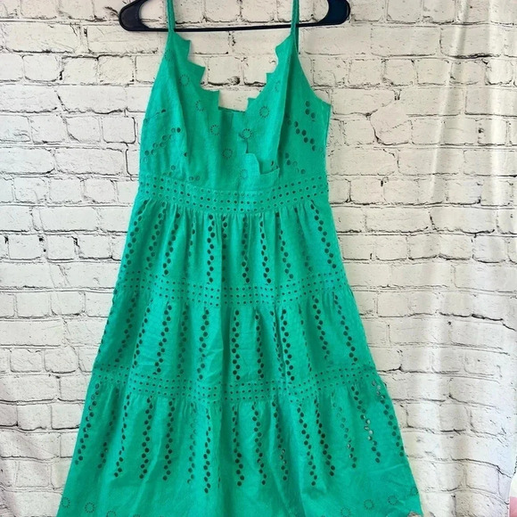 Kobi Halperin Green Eyelet Tiered Midi Cotton Dress V-Neck‎ Sleeveless Medium - Picture 15 of 15